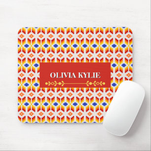 Geometric Pixel Floral Pattern in Red Orange Yello Mouse Mat