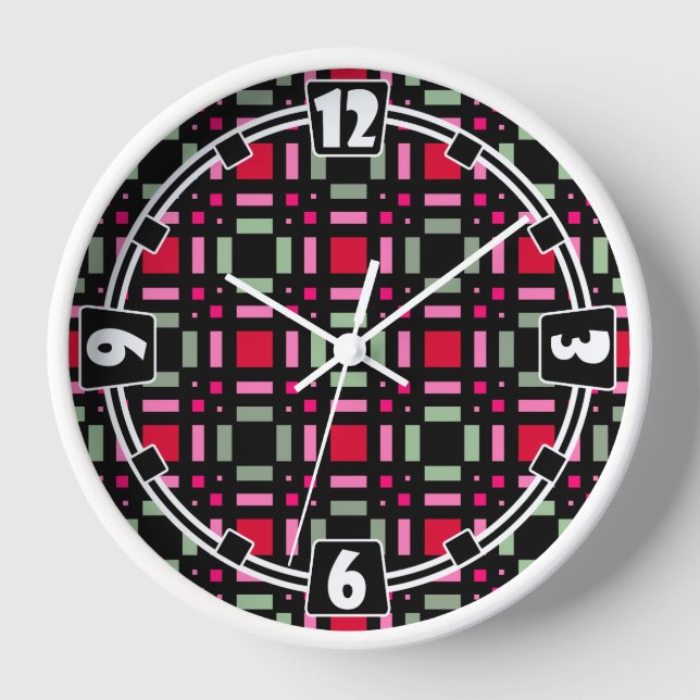 Geometric plaid green red black stripes  clock (Front)