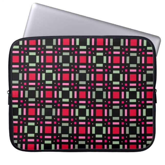 Geometric plaid green red black stripes  laptop sleeve (Front)