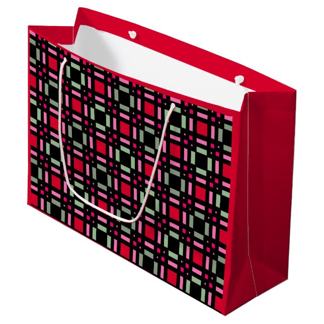 Geometric plaid green red black stripes  large gift bag (Front Angled)