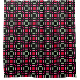 Geometric plaid green red black stripes  shower curtain