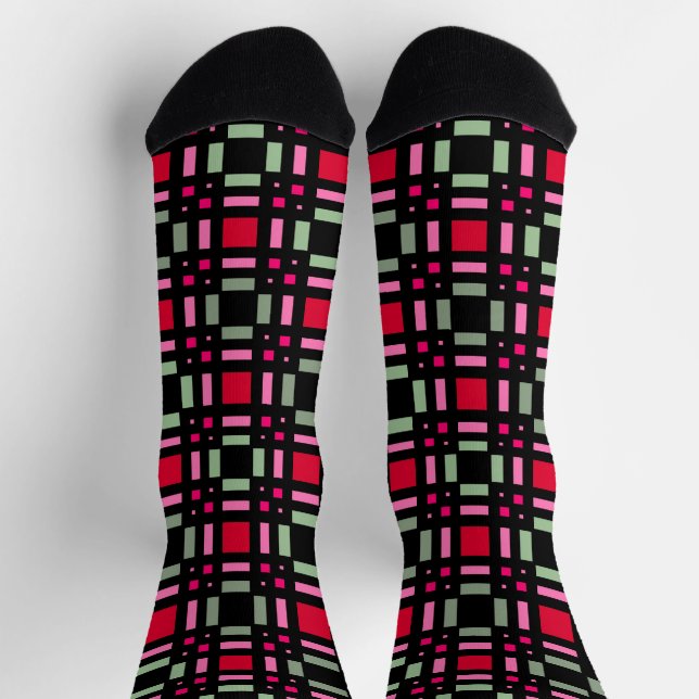Geometric plaid green red black stripes  socks (Top)