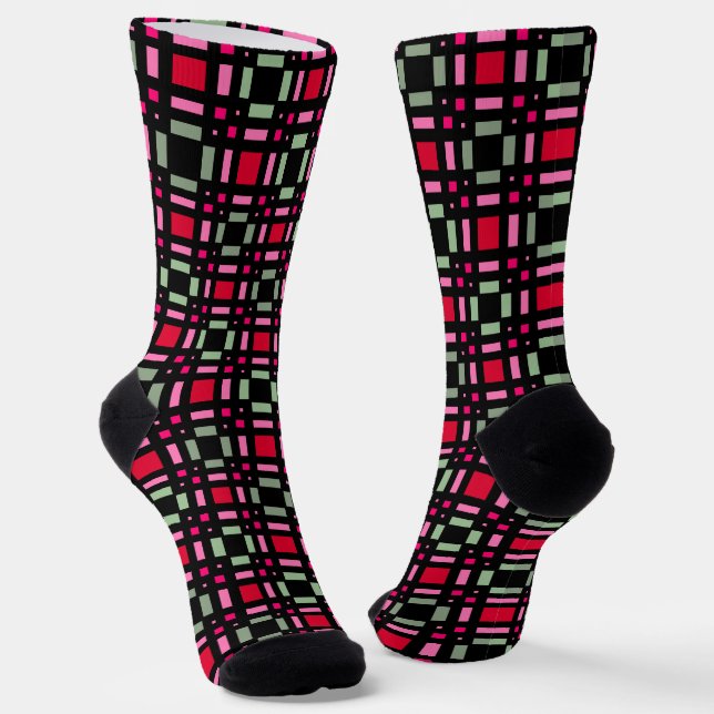 Geometric plaid green red black stripes  socks (Angled)