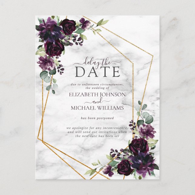 Geometric Plum Purple Marble Delay The Date Announcement Postcard (Front)