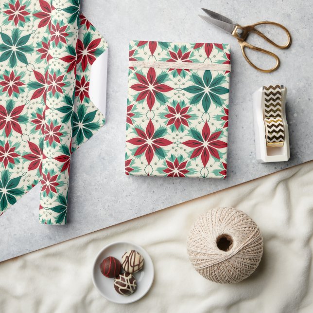 Geometric Poinsettia Red Green Xmas Pattern Gift Wrapping Paper (Crafts)