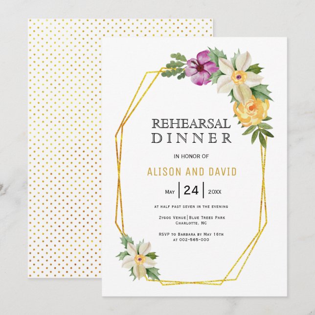 Geometric polygon floral wedding rehearsal dinner invitation (Front/Back)