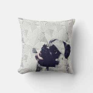 Geometric pug with butterfly on tongue art pillow