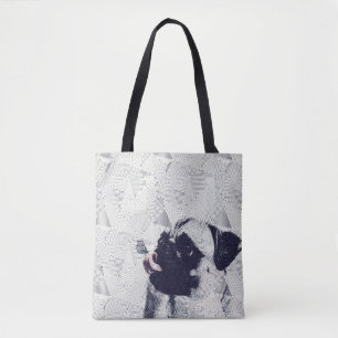 Geometric pug with butterfly on tongue art tote bag