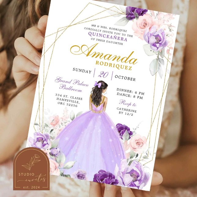 Geometric Purple and Gold Royal Crown Quinceanera Invitation (Creator Uploaded)