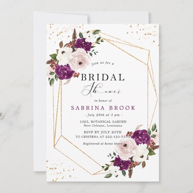 Geometric Purple Blush Pink Floral Bridal Shower Invitation (Front)