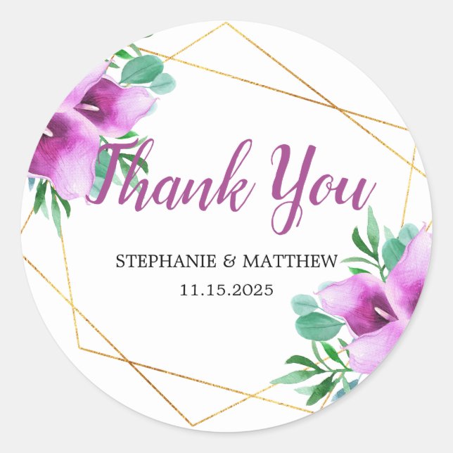 Geometric Purple Calla Lily Thank You Wedding Classic Round Sticker (Front)