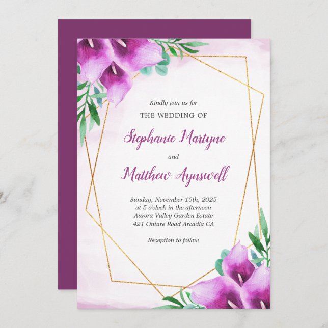 Geometric Purple Calla Lily Watercolor Wedding Invitation (Front/Back)