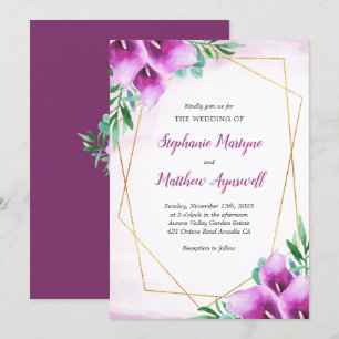 Geometric Purple Calla Lily Watercolor Wedding Invitation