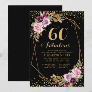 geometric purple floral 60th birthday invitation