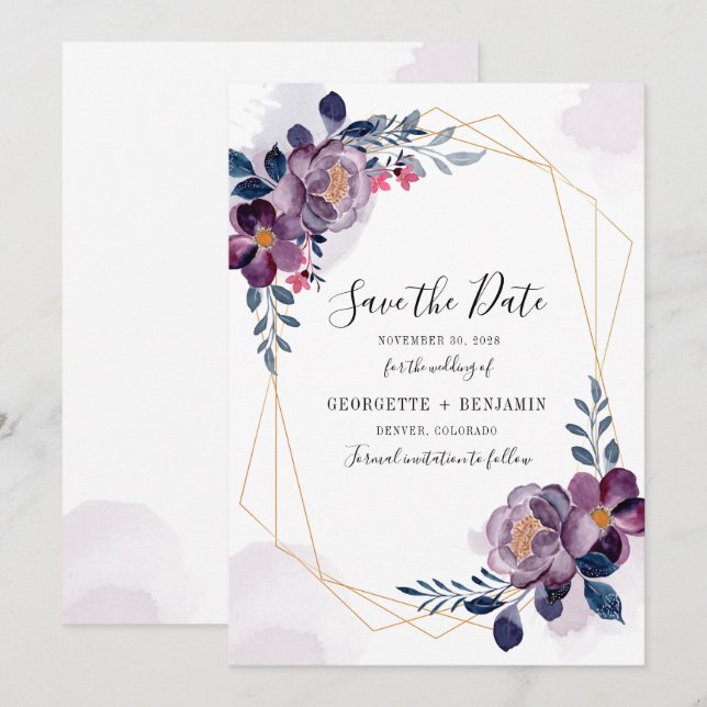 Geometric Purple Floral Script Botanical Wedding Save The Date (Front/Back)