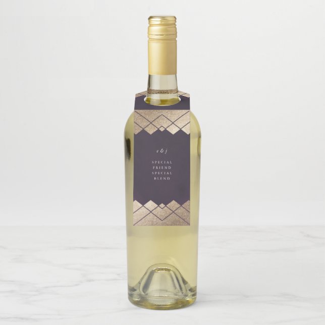 Geometric Purple Gold Gatsby Wedding Bottle Tag (On Bottle)