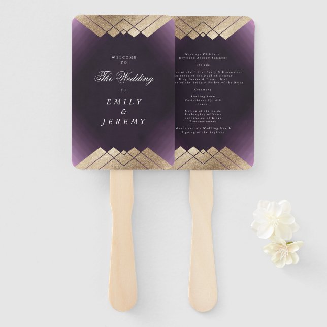 Geometric Purple Gold Gatsby Wedding Hand Fan (Front and Back)
