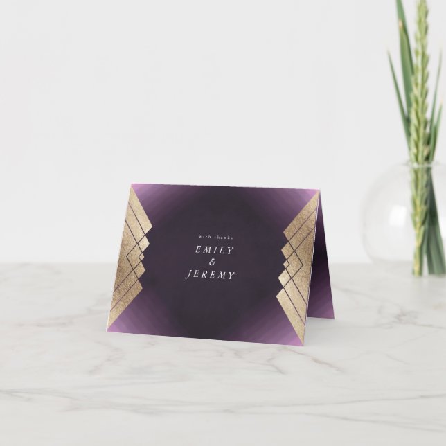 Geometric Purple Gold Gatsby Wedding Thank You Card (Front)