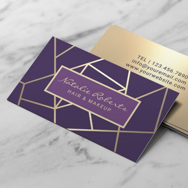 Geometric Purple & Gold Hair Stylist Beauty Salon Business Card (Creator Uploaded)