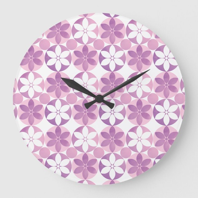 Geometric Purple Watercolor Flower Tile Pattern Large Clock (Front)