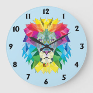 Geometric Rainbow Lion Head w Black Numbers Blue Large Clock