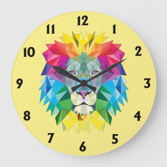 Geometric Rainbow Lion Head w Black Numbers Yellow Large Clock (Front)