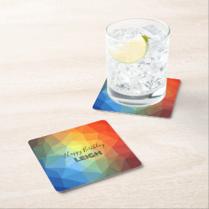 Geometric Rainbow Monogram Name  Square Paper Coaster