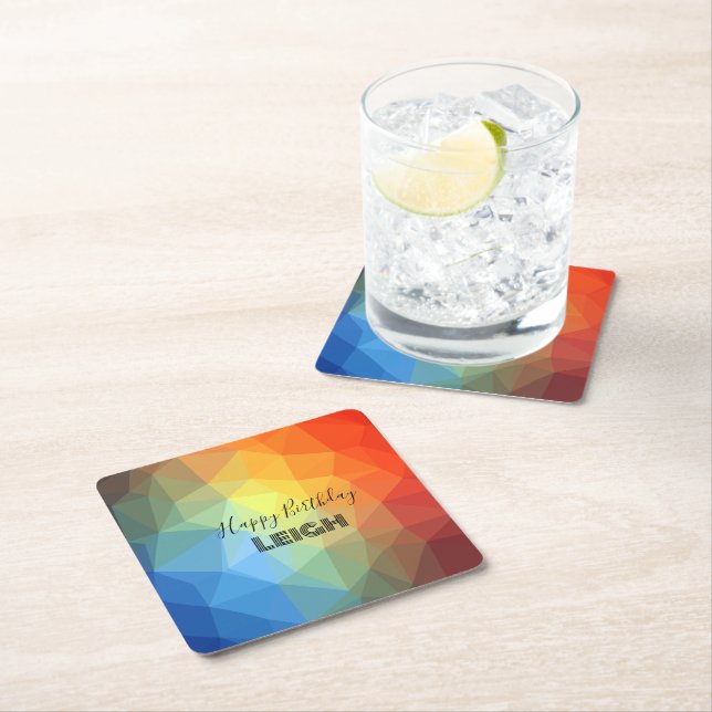 Geometric Rainbow Monogram Name  Square Paper Coaster (Insitu)