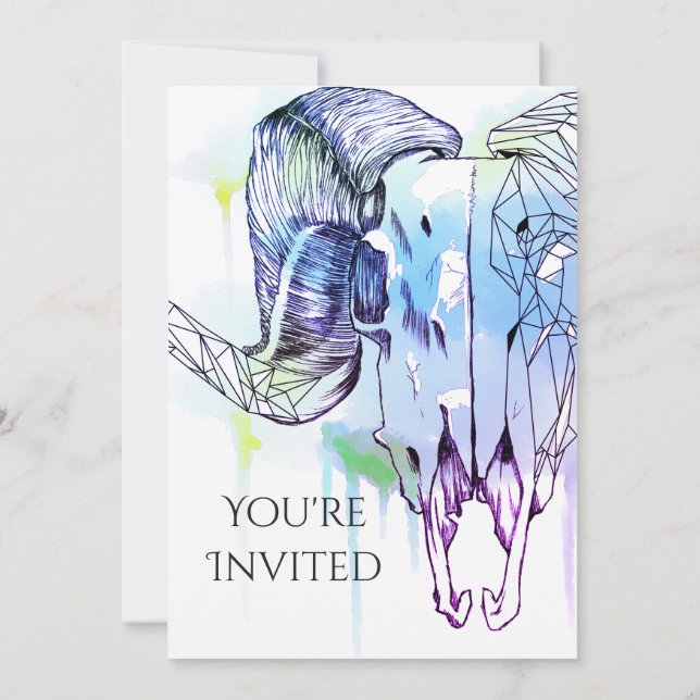 Geometric ram skull watercolor invitation (Back)
