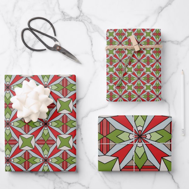 Geometric Red and Green Holiday Wrapping Paper Sheet (Front)