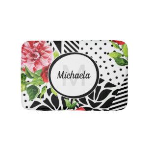Geometric Red Floral Monogram Bath Mat