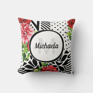 Geometric Red Floral Monogram Cushion