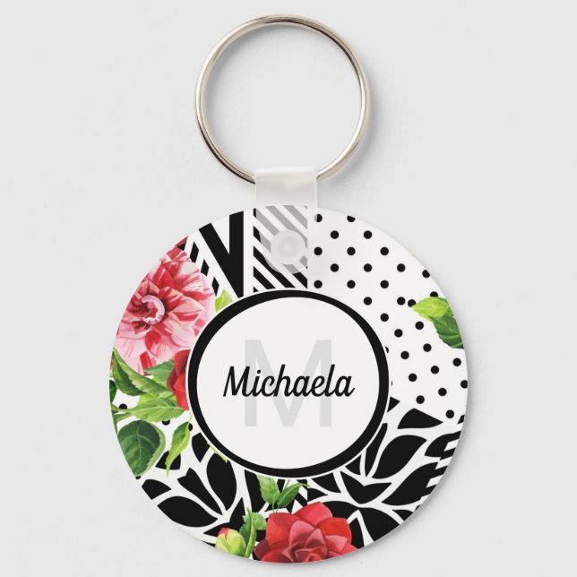 Geometric Red Floral Monogram Key Ring (Front)