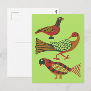 Geometric Red & Green Birds American Folk Art Postcard