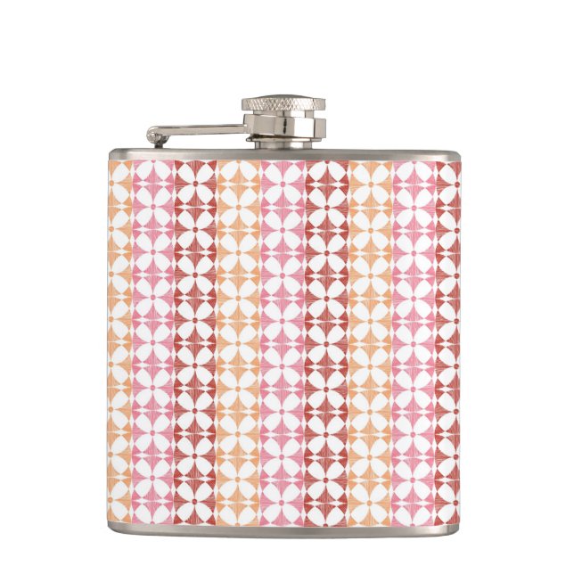 Geometric red ikat stripes pattern hip flask (Front)