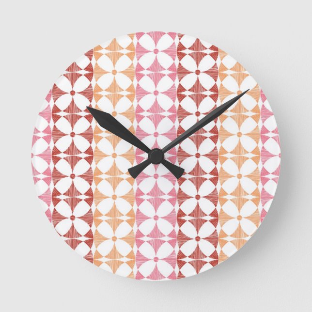 Geometric red ikat stripes pattern round clock (Front)