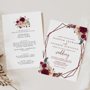 Geometric Red Pink Floral Front & Back Wedding Invitation
