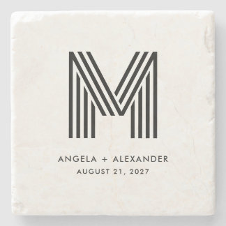 Geometric Retro Art Deco Wedding Monogram Stone Coaster