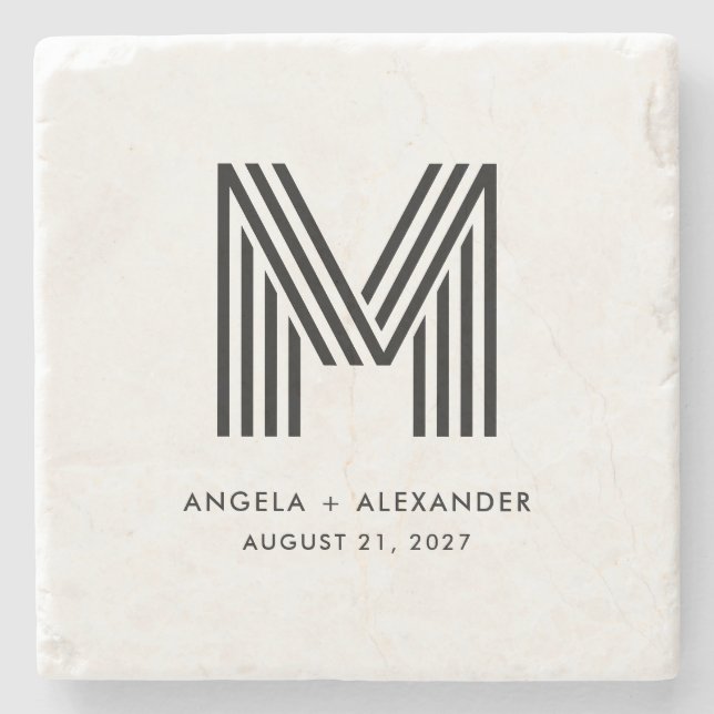 Geometric Retro Art Deco Wedding Monogram Stone Coaster (Front)