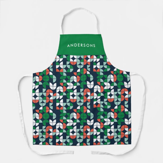 geometric retro blue red green modern Christmas Ap Apron (Front)