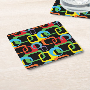 Geometric Retro Multicolored Pattern Square Paper Coaster
