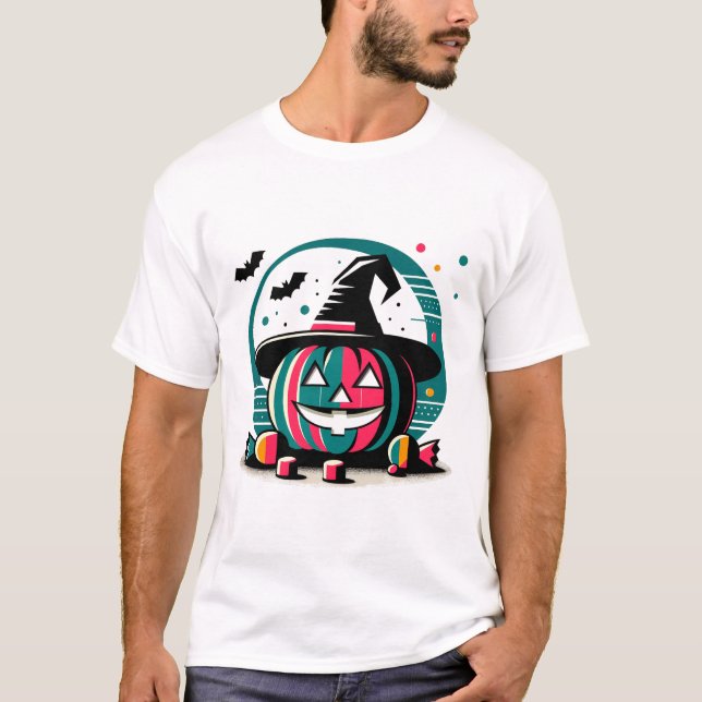 Geometric Retro Pumpkin with Witch Hat T-Shirt (Front)
