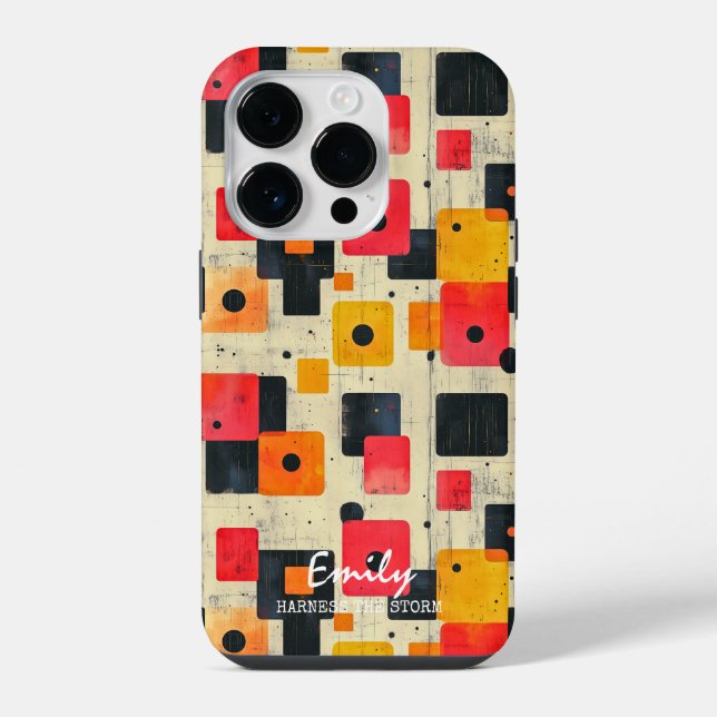 Geometric Retro Squares with Custom Name & Phrase iPhone Case (Back)
