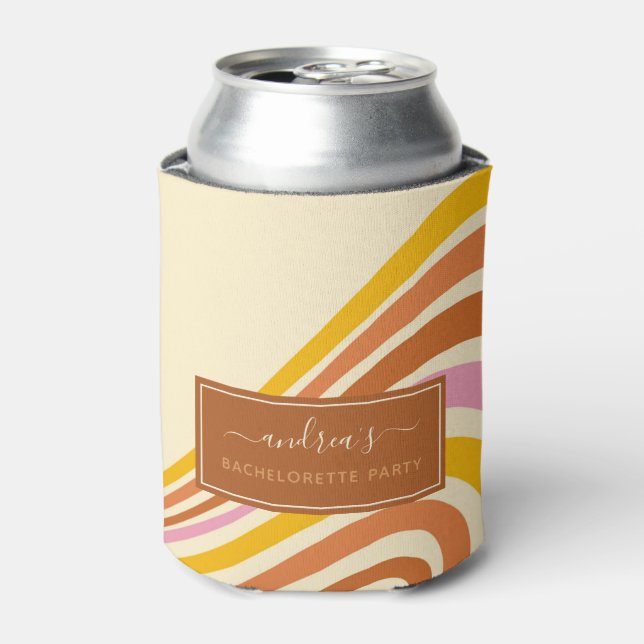 Geometric Retro Stripes 70s Bachelorette Party Can Cooler (Can Front)