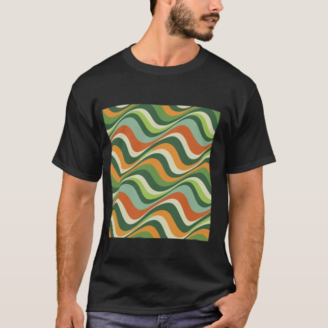 Geometric Retro Wave Stripes Green Shades Optical  T-Shirt (Front)