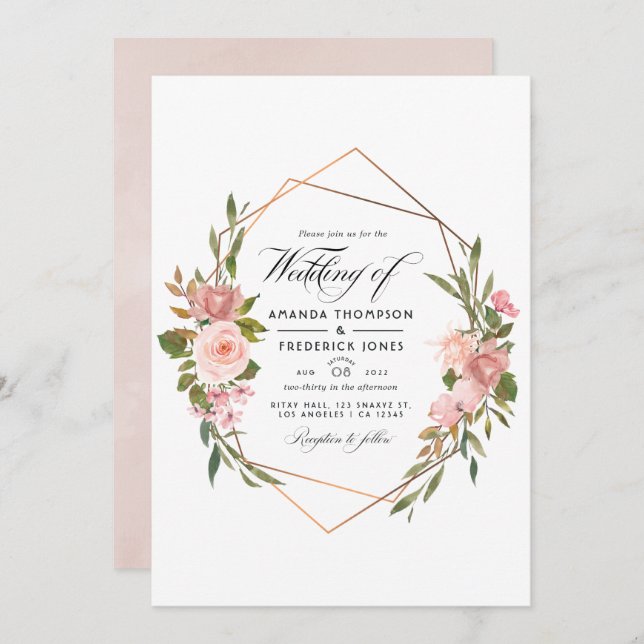 Geometric Rose Gold and Blush Pink Wedding Photo Invitation (Front/Back)