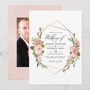 Geometric Rose Gold and Blush Pink Wedding Photo Invitation