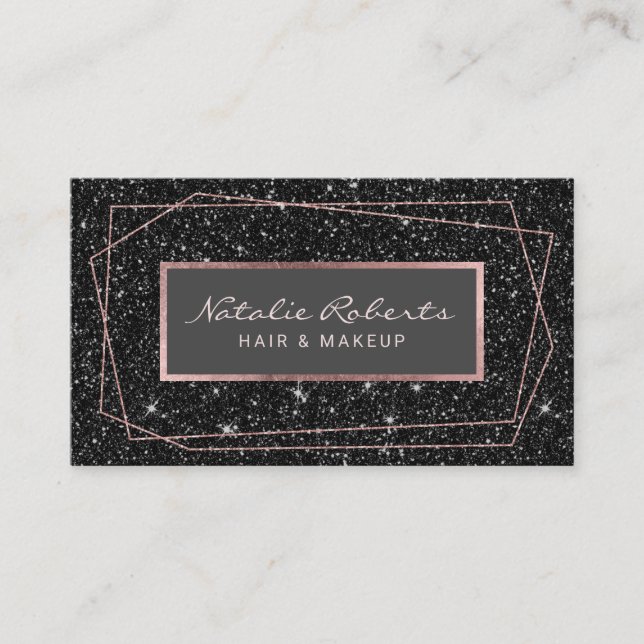 Geometric Rose Gold Black Glitter Makeup Artist Business Card (Front)