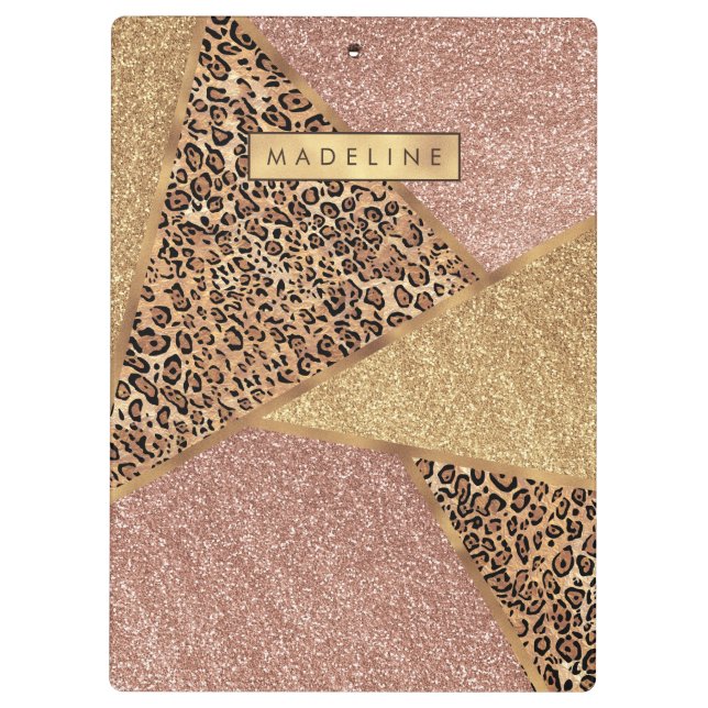 Geometric Rose Gold Blush Glitter Leopard Pattern Clipboard (Back)