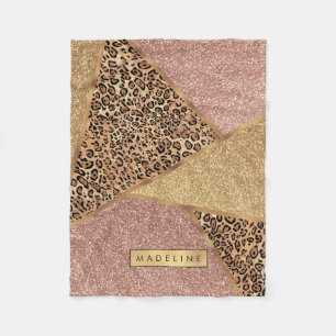 Geometric Rose Gold Blush Glitter Leopard Pattern Fleece Blanket